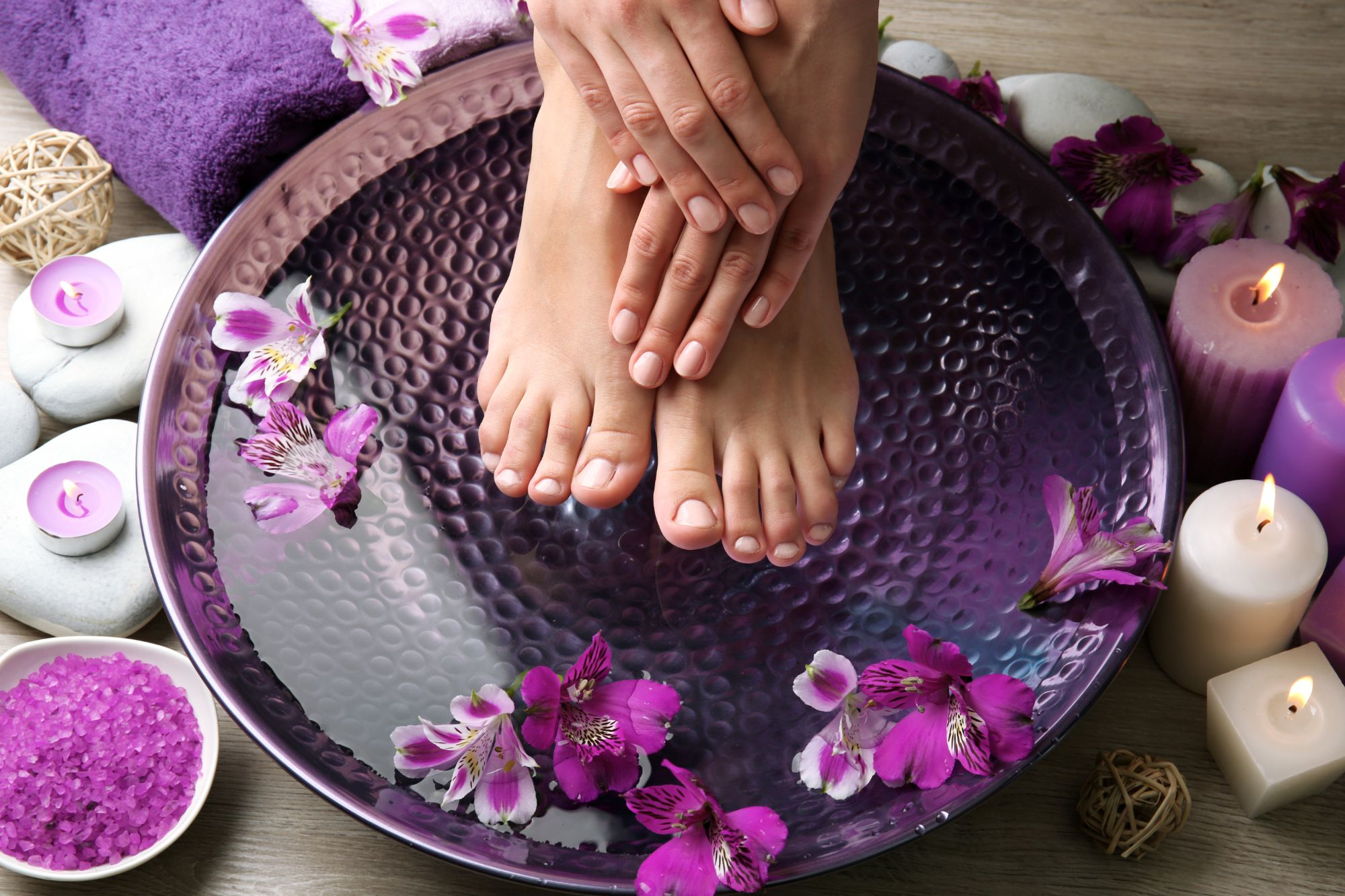 Pedicure with sparkling polish